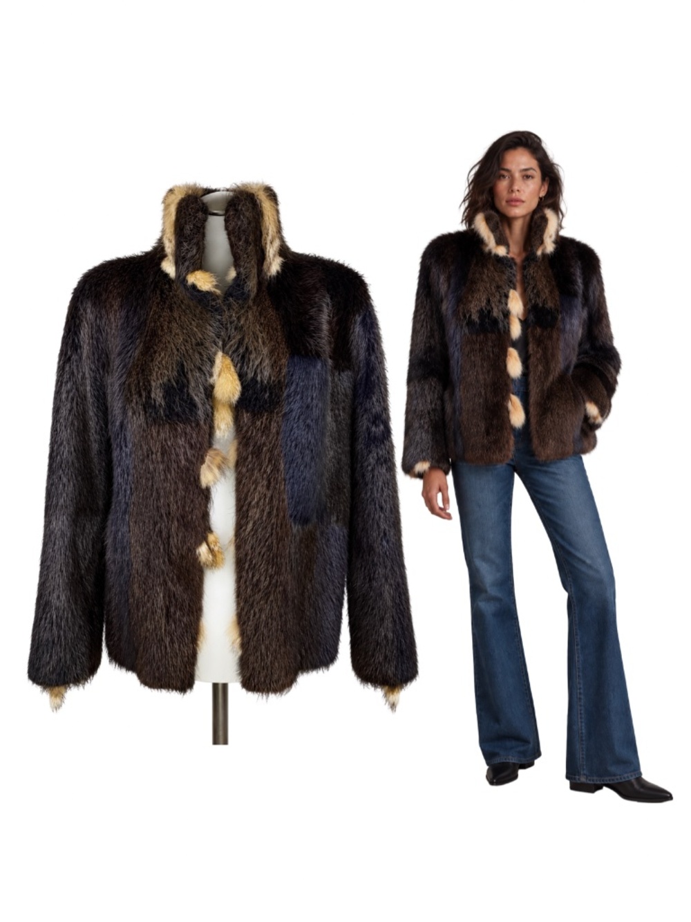 NATURAL FUR Multicolor Patchwork Jacket Sz M NWOT
